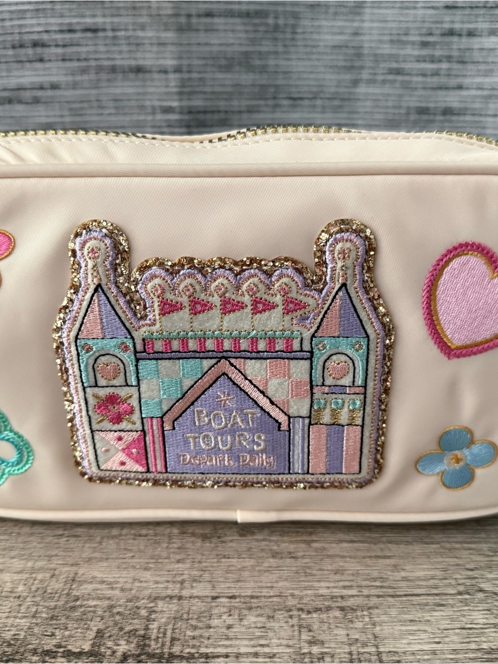 Pink Embroidered Castle Cosmetic Bag - Pastel Multicolor Patch